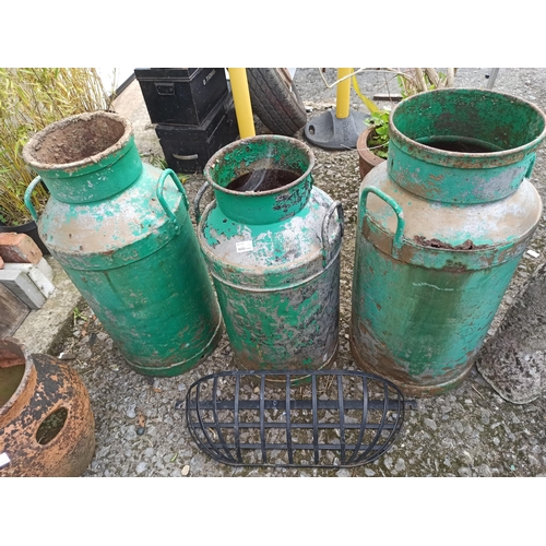 56 - 3 x Green Painted Milk Churns and a Wall Hanging Planter