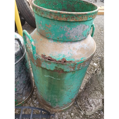 56 - 3 x Green Painted Milk Churns and a Wall Hanging Planter