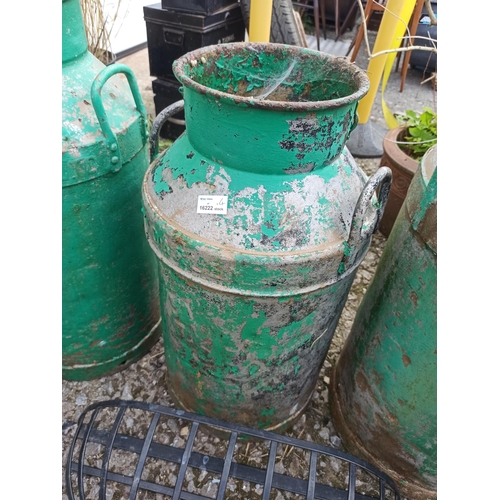 56 - 3 x Green Painted Milk Churns and a Wall Hanging Planter