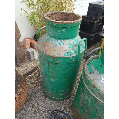 56 - 3 x Green Painted Milk Churns and a Wall Hanging Planter