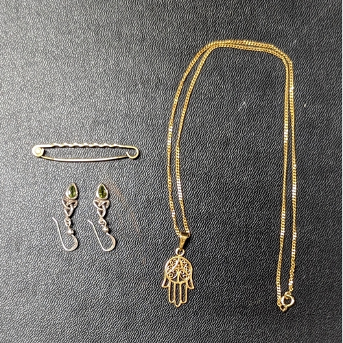 451 - A Pair .925 Silver Earrings, Gilt Pin and Hand of Fatima Pendant Necklace