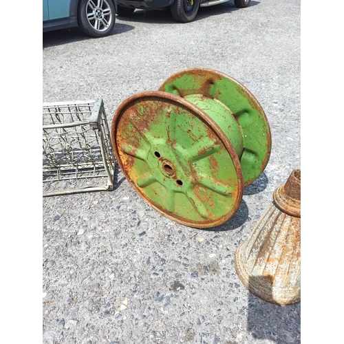 78 - Assorted Metal Ware plus Bottle Crate, Cable Drum, Gutter Hopper and Galvanised Bucket