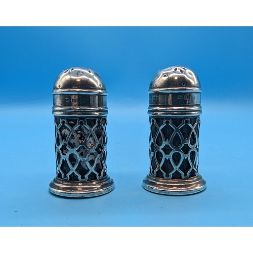 487 - A Pair of Cobalt Glass Lined Hallmarked Silver Pepperettes