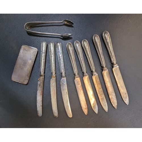 471 - An Assortment of Silver Hallmarked Handled Knives, Trinket Pot Lid and EPNS Tongs