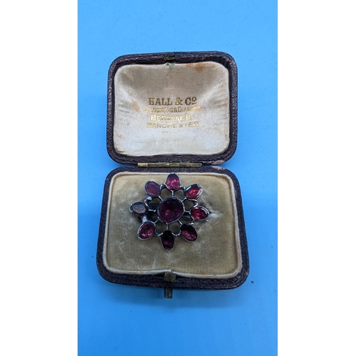 470 - An Antique Amethyst Brooch in Original Hall & Co of Manchester Leather Jewellery Box