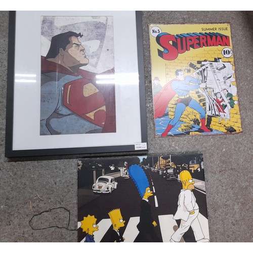 1153 - A Framed Superman Print 44 x 54cm, Superman Enamel Sign and Simpsons doing Beatles