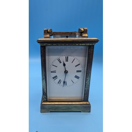 494 - A 19th Century Victorian Brass Chiming Carriage Clock in Leather Case - with Key, 15cm High in Case