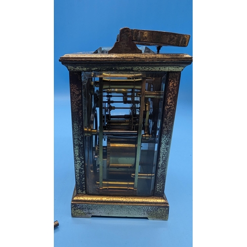 494 - A 19th Century Victorian Brass Chiming Carriage Clock in Leather Case - with Key, 15cm High in Case