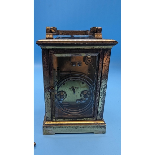 494 - A 19th Century Victorian Brass Chiming Carriage Clock in Leather Case - with Key, 15cm High in Case