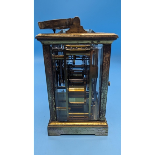 494 - A 19th Century Victorian Brass Chiming Carriage Clock in Leather Case - with Key, 15cm High in Case