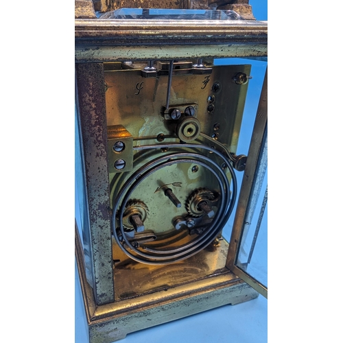 494 - A 19th Century Victorian Brass Chiming Carriage Clock in Leather Case - with Key, 15cm High in Case