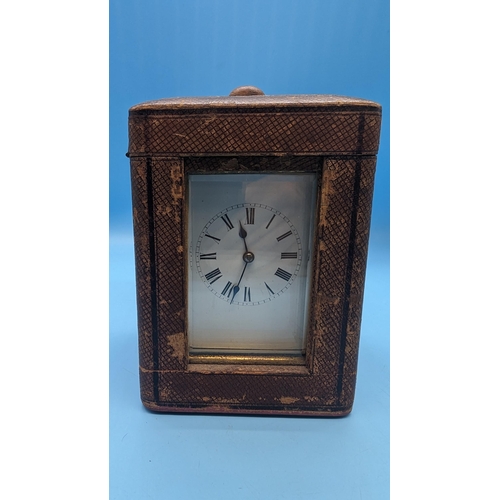 494 - A 19th Century Victorian Brass Chiming Carriage Clock in Leather Case - with Key, 15cm High in Case