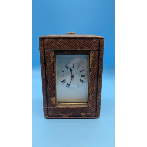 494 - A 19th Century Victorian Brass Chiming Carriage Clock in Leather Case - with Key, 15cm High in Case