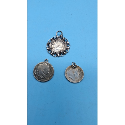 604 - A George III Silver Shilling Pendant 1819, Edward VII 3d 1902 and George V 1918 Pendants