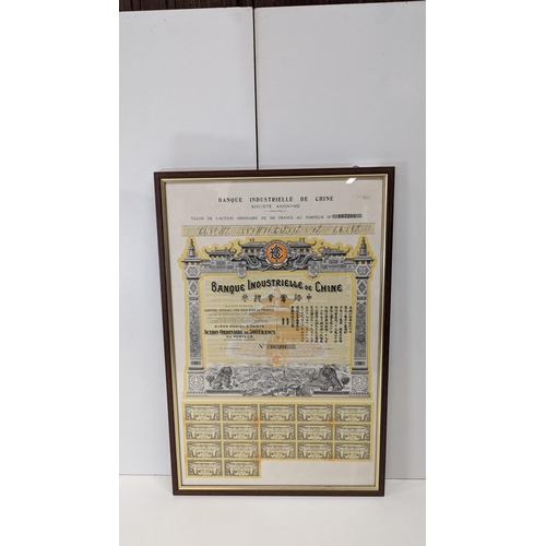 660 - 500 Franc Banque Industrielle de Chine 1920 Share Certificate Framed