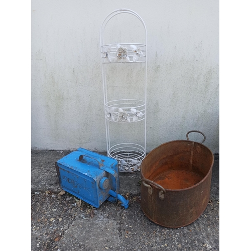 51C - Assorted metalware including an Oil Can,Tall Flower Stand and a Cauldron 80cm H