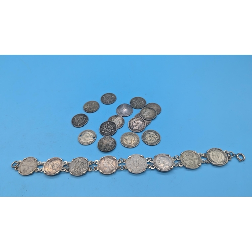 632 - A Silver three pence bracelet and loose silver 3 pence pieces. 40gms