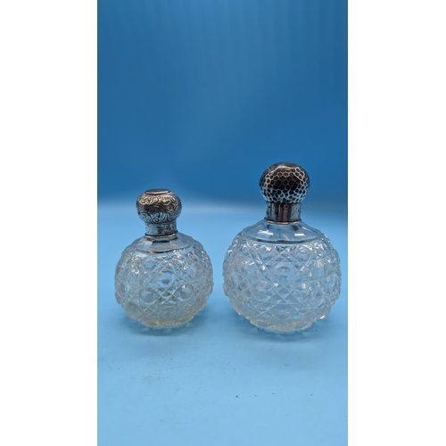 439 - 2 X Bulbous Silver Topped Crystal Topped  Bottle