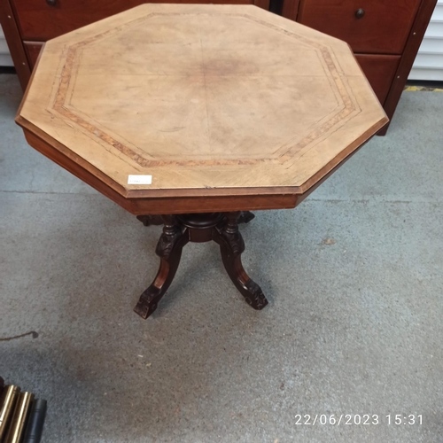 1292 - Octagon Drum Table with Carved Base on Castors with Inlaid Table Top