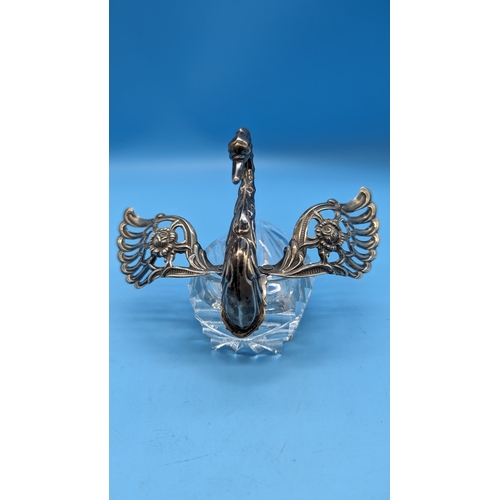 435 - A Hallmarked .925 Silver Repousse Reticulated Crystal Swan Spice Holder