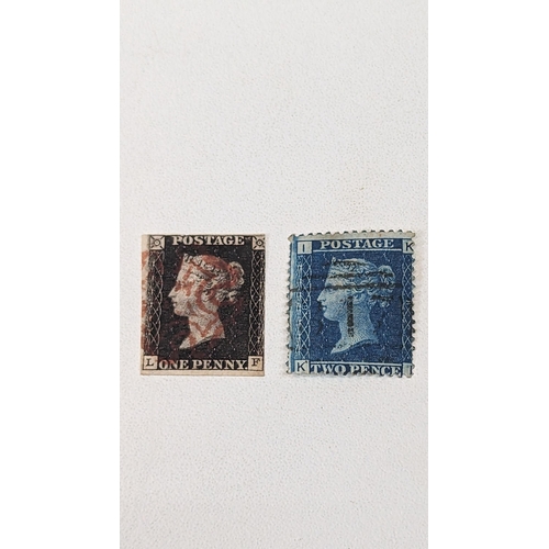 674B - A Queen Victoria Penny Black and Two Penny Blue Stamps - Framed