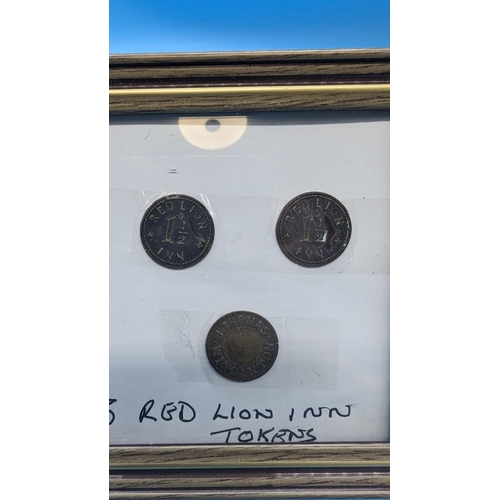 644 - Local Interest - 3 x Red Lion Wincanton Tokens in Frame