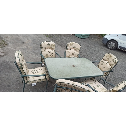 54 - Metal & Glass Garden Table with 6 x Metal Chairs and Cushions