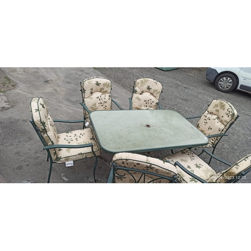 54 - Metal & Glass Garden Table with 6 x Metal Chairs and Cushions