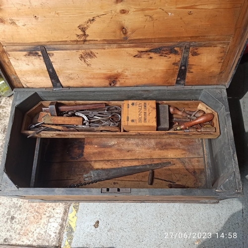 197 - Antique Tools including Saws, Drill Bits and More in a Wooden Tool Chest