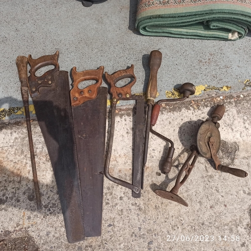 197 - Antique Tools including Saws, Drill Bits and More in a Wooden Tool Chest