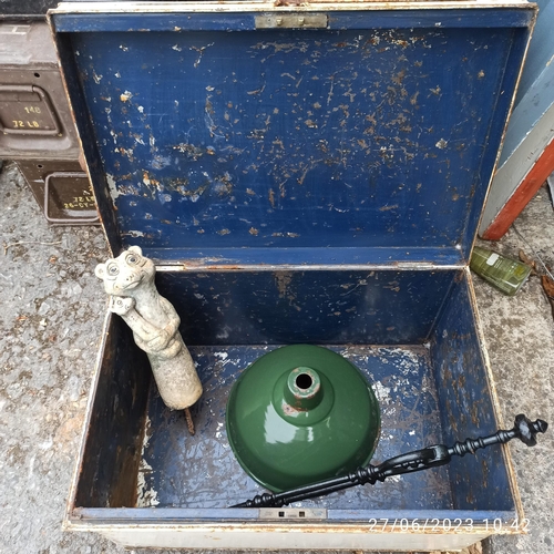 289 - Metal Trunk with Contents including Industrial Light Shade, Coal Tongs and a Resin Meercat