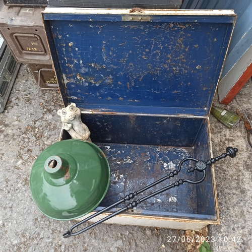 289 - Metal Trunk with Contents including Industrial Light Shade, Coal Tongs and a Resin Meercat