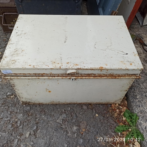 289 - Metal Trunk with Contents including Industrial Light Shade, Coal Tongs and a Resin Meercat