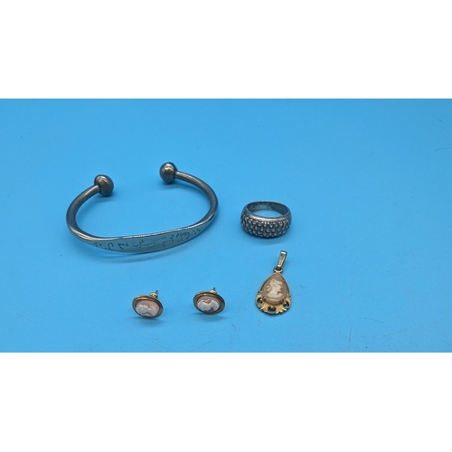 457 - A .925 Silver Bangle and Gilt Cameo Pendant and Earrings