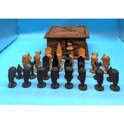 855 - Carved  African Head Chess Pieces in Puzzleware Wooden Box