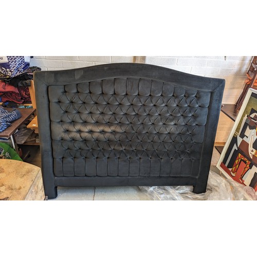 377D - A Large Chesterfield Style Black Velvet Button Back Headboard approx. 190cm W x 155cm Tall