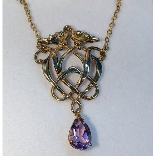 401 - Art nouveau style 9ct yellow gold necklace set with a pear shaped amethyst on a 9ct yellow gold chai... 