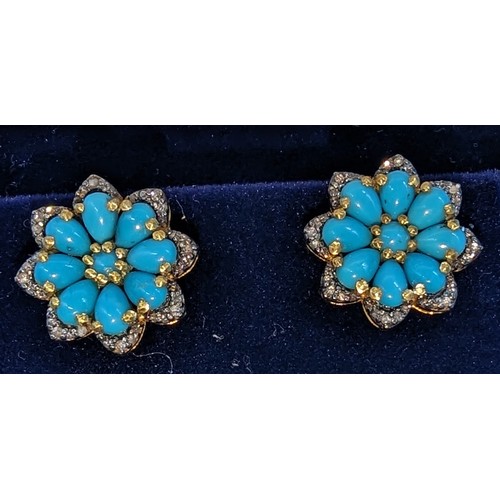 431 - Pair turquoise and diamond floral style studs.  Turquoise 3.61ct.  Diamonds 0.28ct.  Boxed