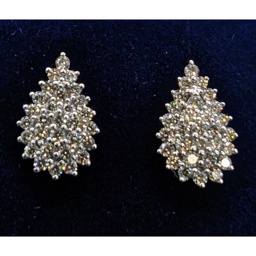 402 - Pair of 9ct yellow gold pear shape diamond set cluster stud earrings.  Diamonds 1.13ct.  Boxed