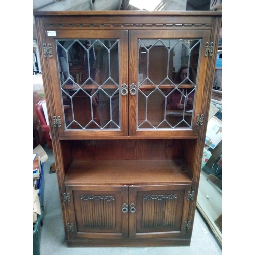 786B - Dark Wood Display Unit - Carved Detailing and Leaded Glass Doors 153cm H x 92cm W x 33cm D