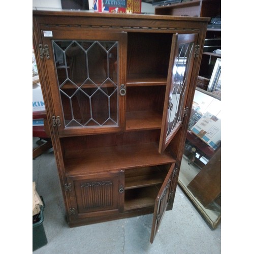 786B - Dark Wood Display Unit - Carved Detailing and Leaded Glass Doors 153cm H x 92cm W x 33cm D