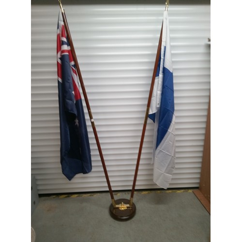 787 - Indoor Flag Stand with Two Poles, Brass Detailing   , Finland and Australia Flags