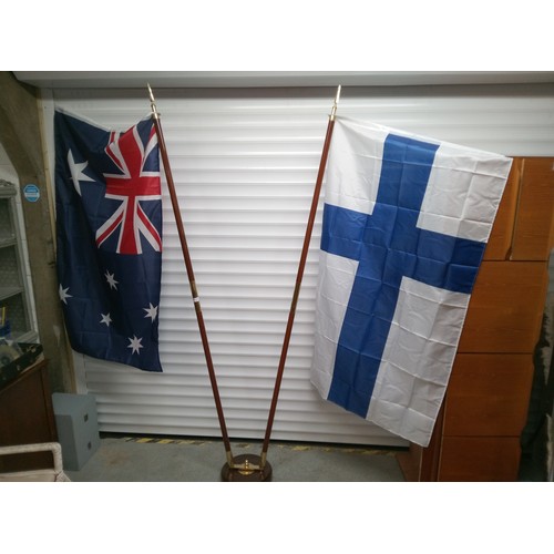 787 - Indoor Flag Stand with Two Poles, Brass Detailing   , Finland and Australia Flags