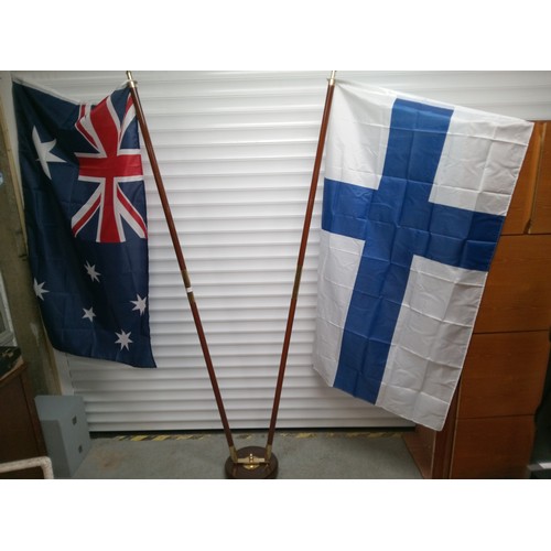 787 - Indoor Flag Stand with Two Poles, Brass Detailing   , Finland and Australia Flags