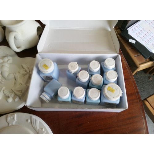 108 - A Quantity of Unpainted Bisque Pottery Items, Paints etc.