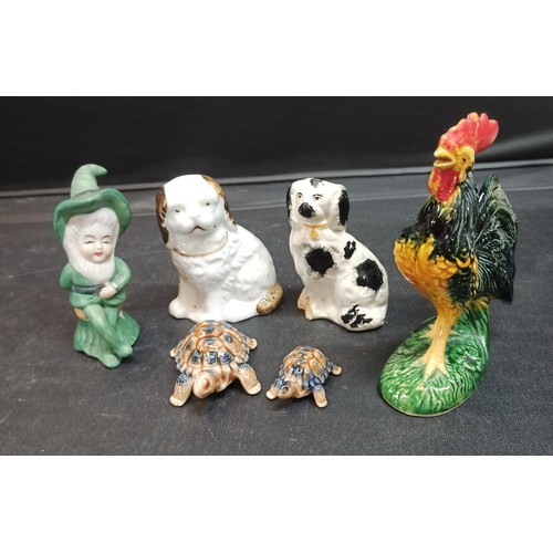 1245 - Wade Staffordshire and other Ornaments , Cockrell, Tortoises and Dogs ( 1 foot damaged on dog)