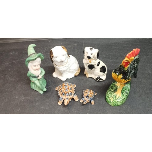 1245 - Wade Staffordshire and other Ornaments , Cockrell, Tortoises and Dogs ( 1 foot damaged on dog)