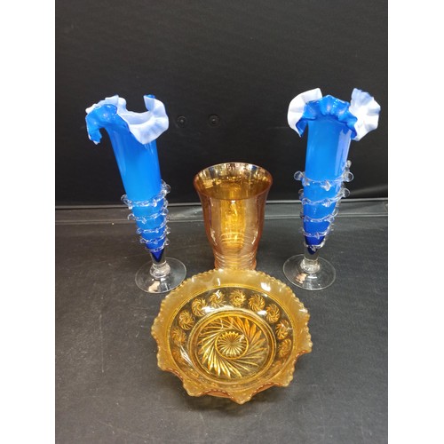 1260 - A Selection of Glassware including  Studio Glass Blue  Vases and  Carnival Glass Dishes