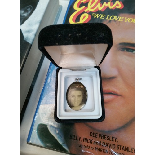 739B - A Box of Elvis Memorabilia DVD's CD's, Books, Plates and Pictures