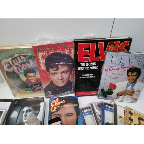 739B - A Box of Elvis Memorabilia DVD's CD's, Books, Plates and Pictures